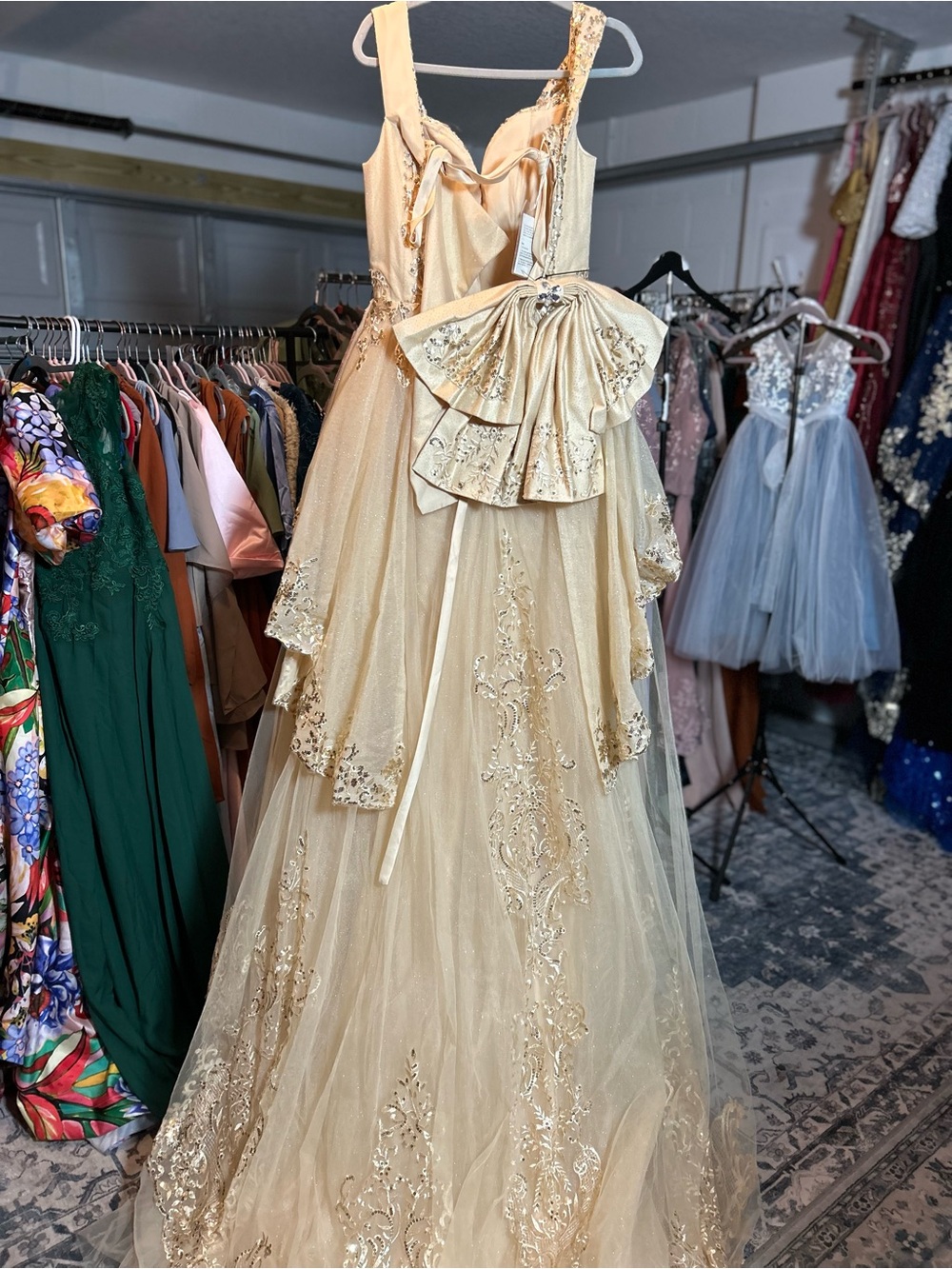 Gold Embellished A-Line Prom Dress with Draped Bow Detail